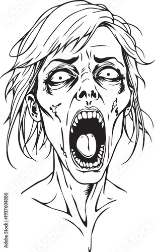 Female Woman Zombie Monster Hand-drawn Sketch Drawing Vector Illustration, Line Linear Symbol Black and White Engraving, Isolated