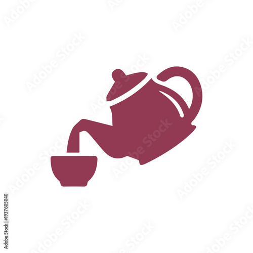 Elegant Maroon Teapot Pouring Tea Into a Cup Simple Vector Icon