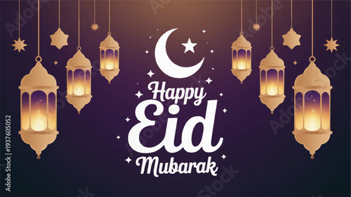 Eid mubarak greeting card with hanging lanterns and crescent moon on dark background islamic holiday celebration
