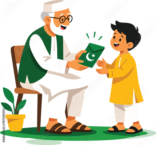 Pakistani grandfather giving money envelope to grandson vector illustration