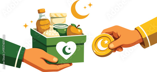 Muslim Charity Zakat Food Donation and Gold Coin Vector Illustration