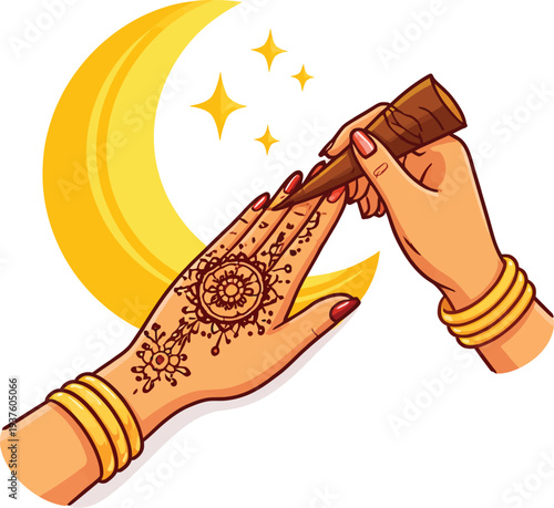 Woman applying traditional henna tattoo on hand with crescent moon vector