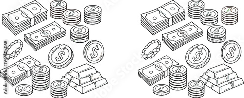 Money and wealth outline vector set with cash stacks, coins, gold bars and dollar symbols financial doodle illustration