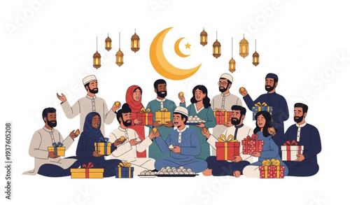 Eid Mubarak Friends Enjoying Celebration Vector Illustration with Gifts and Lanterns