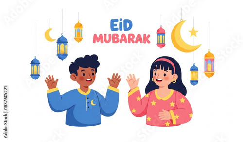 Eid Mubarak Friendly Greeting Vector Illustration with Lanterns and Crescent Moon