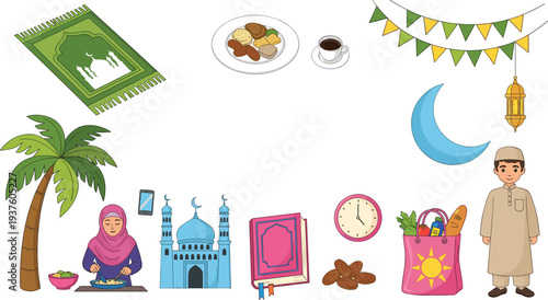 Ramadan Kareem illustration set with Islamic symbols, mosque, Quran, dates, crescent moon and Muslim family elements