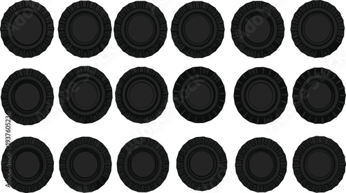 Black rubber tire top view icons set, various wheel tread patterns for vehicle technical drawings, transport and automotive design elements,