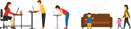 People daily activities vector illustration set including working at desk using laptop standing workspace family walking and home lifestyle scenes