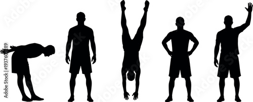 Male athlete silhouette collection showing handstand balance, stretching and standing poses representing gymnastics training, fitness exercise, strength, flexibility, sport performance and athletic 
