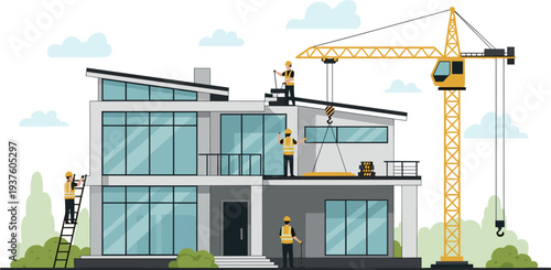 Modern house construction scene with crane and builders working on residential building, illustrating architecture development, home building process, engineering and construction industry concept.