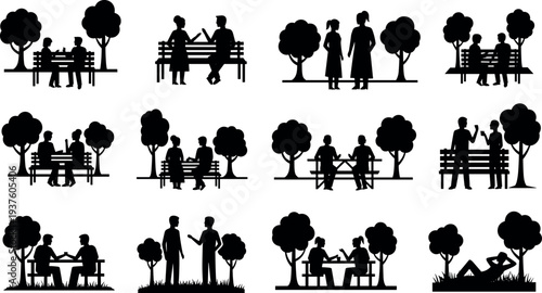 People relaxing and talking in park silhouettes collection with benches, trees and outdoor social activities representing friendship, leisure time, communication and urban lifestyle.