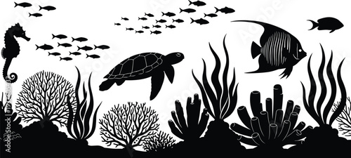 Black Sea Life Silhouette Collection Featuring Sea Turtle Seahorse Angelfish and Coral Reef Elements for Nature Marine Graphic Design Vector