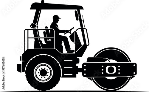 Road roller construction vehicle silhouette with operator driving heavy asphalt compactor machine for road building pavement work civil engineering equipment illustration