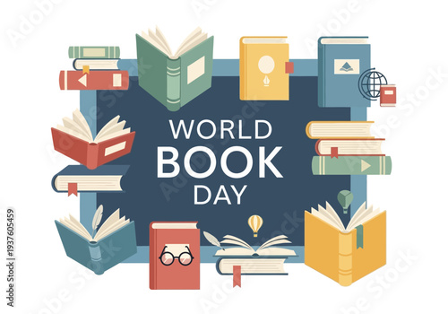 World Book Day Celebration with Stacked Books and Open Books.