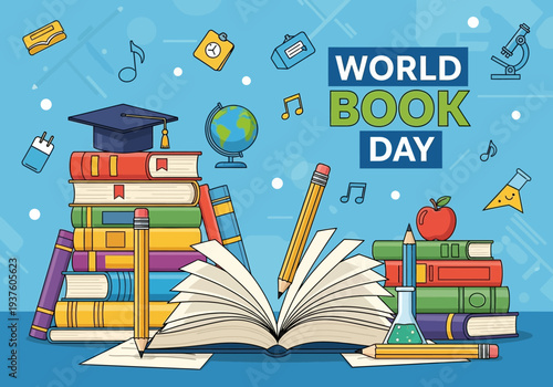 World Book Day Celebration with Stacked Books and Open Book Illustration.