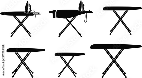 Black silhouette collection of ironing boards with steam irons and laundry clothes icons for housekeeping service and home appliance design.