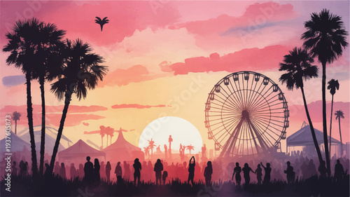 People enjoy a vibrant sunset festival with a ferris wheel palm trees and tents in a lively atmosphere