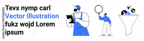 Worker in overalls holding a tablet, another person examining options, and funnel highlighting customer filtering. Ideal for business strategy, teamwork, data processing, project management, customer