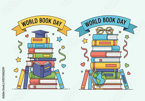 Two stacks of books celebrating World Book Day with festive elements.