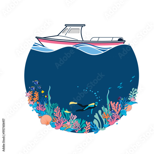Depict the protection of coral reefs and the restoration of marine ecosystems,Summer holiday illustration for world ocean day with underwater world, fish, coral reefs, seaweed, beautiful ocean, vector