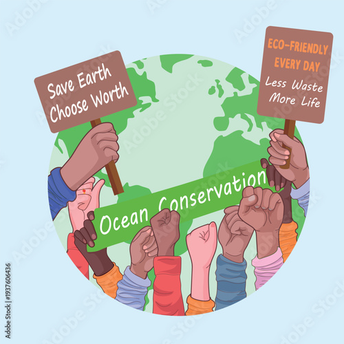 Protest strike against climate change and global warming. Set of human hands with eco banners, placards. Save the planet, stop climate change, no plastic concept. Hand drawn vector illustration