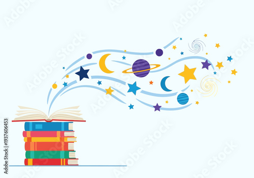 Open book releasing colorful stars moons and planets into the sky.