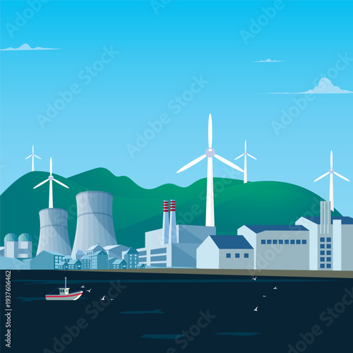 Concept of green renewable energy. Illustrate scenes with solar panels and wind turbines, showcasing the use of clean energy to replace traditional fossil fuels.