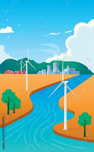 Concept of green renewable energy. Illustrate scenes with solar panels and wind turbines, showcasing the use of clean energy to replace traditional fossil fuels.