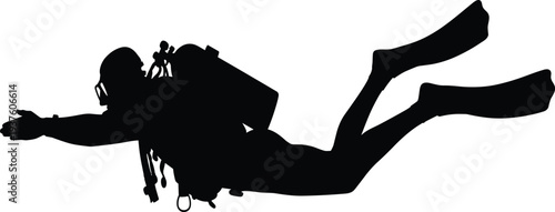 Black silhouette of a scuba diver swimming horizontally with full gear, oxygen tank, and flippers isolated on white background for design.
