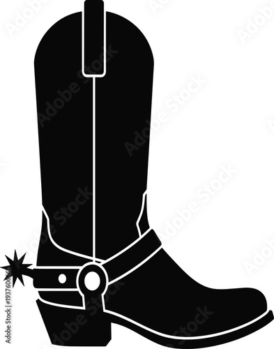 Black silhouette of a traditional western cowboy boot with a sharp metal spur isolated on white background, classic american frontier icon