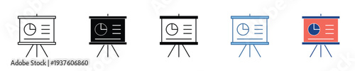Set of modern vector icons depicting presentation boards on tripod stands, illustrating data charts and graphs for business, education, and reporting purposes