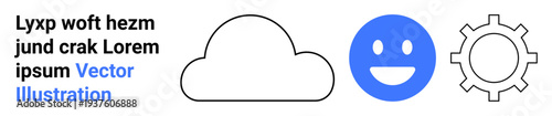 Technology, communication tools, cloud computing, digital expression, system optimization, user interface design. Cloud icon, blue smile emotion gear symbol. Cloud computing and communication tools