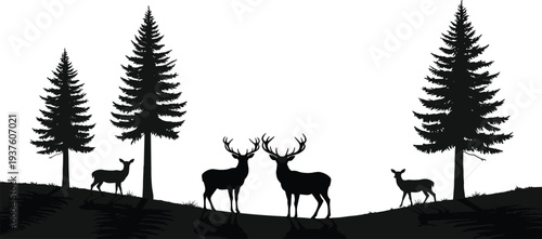 Black silhouette of deer and stags standing among pine trees in a mountain forest landscape, isolated on a white background.