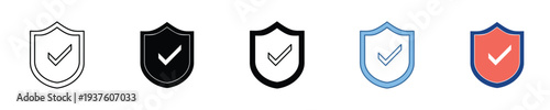 Modern vector collection of security shield icons with checkmarks, symbolizing robust protection, data safety, and verified authentication in digital and real-world applications