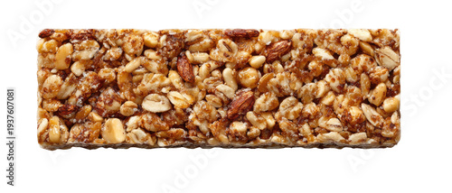 A rectangular bar with assorted nuts, grains, and seeds, coated in a sticky glaze