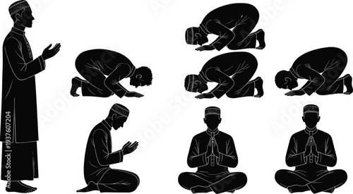 Black silhouette illustration of Islamic prayer postures showing eight Salah positions, symbolizing worship, spirituality, discipline, and traditional attire in religious artwork design.