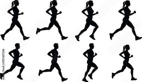 Black silhouette illustration of male and female runners in dynamic motion phases, showcasing athletic training, human biomechanics, and sports movement for design and study purposes.