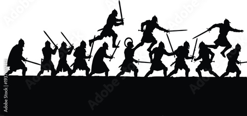 Black silhouette illustration of medieval warriors in battle with swords and helmets, depicting historical combat, action, chaos, and dramatic cultural artwork design projects