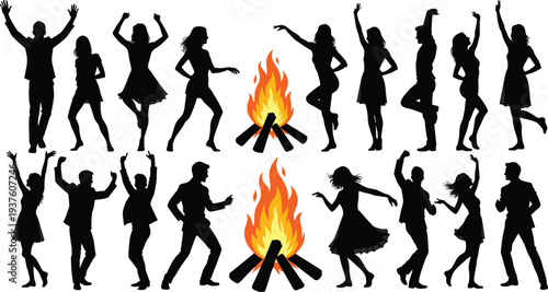 Black silhouette illustration of people dancing around campfires with flames, symbolizing celebration, festival, joy, social gathering, and cultural artwork design projects
