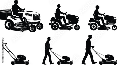 Black silhouette illustration of people operating ride-on and push lawn mowers, showcasing diverse equipment designs, gardening tools, and landscaping concepts for household and outdoor projects