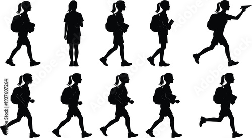 Black silhouette illustration of school child with backpack in walking, running, and playful poses, symbolizing education, activity, learning, and creative design artwork