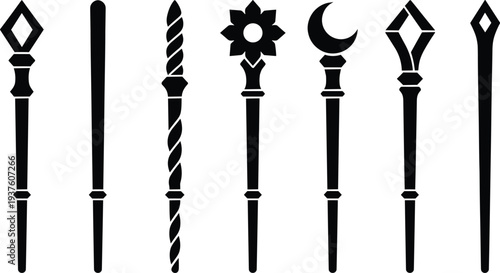 Black silhouette illustration of seven unique magic wands with fantasy designs including crescent moon, diamonds, spiral, and floral shapes, symbolizing mystical power and enchantment.