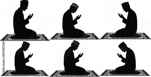 Black silhouette illustration of six people kneeling on prayer mats with raised hands, symbolizing Islamic devotion, worship, spirituality, and religious artwork design project