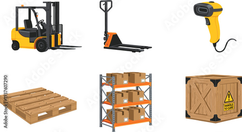 Warehouse logistics and shipping equipment set featuring a yellow forklift, pallet jack, barcode scanner, wooden crate, and storage shelving unit isolated on white.