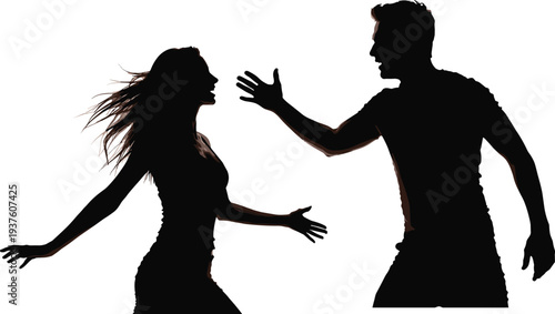 Black silhouette illustration of two people facing each other in heated confrontation, symbolizing conflict, communication, tension, and dramatic human interaction in artistic design.