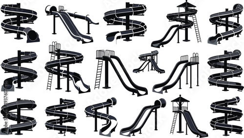 Black silhouette illustrations of multiple water slide designs including spiral, straight, and multi-level structures, perfect for amusement park planning, recreation, and architectural 