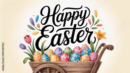 Colorful easter eggs in a wooden wheelbarrow with flowers and happy easter text on a beige background