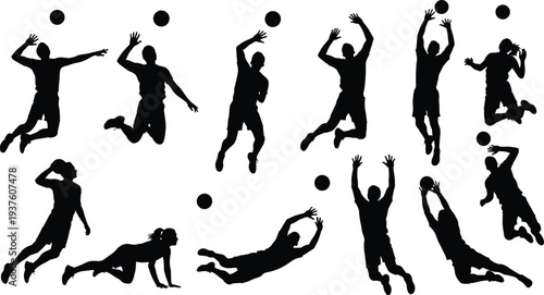 Volleyball player silhouettes in dynamic poses, spiking, blocking, serving, diving, receiving, athletic motion, teamwork, competition, sports activity, energy, and performance.