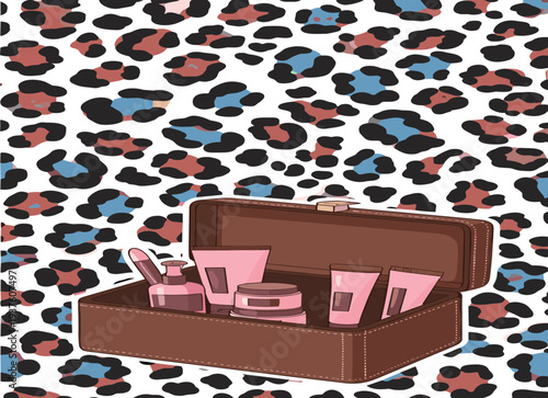 Travel cosmetic kit with skincare bottles and makeup products inside open case on trendy leopard pattern background
