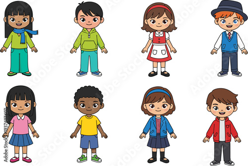 Cute cartoon kids character collection diverse boys and girls children mascot set standing isolated vector illustration for education design